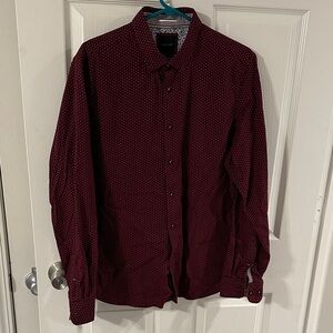 Men’s Lg Denim & Flower Maroon & White dot Casual Button-Down Shirt